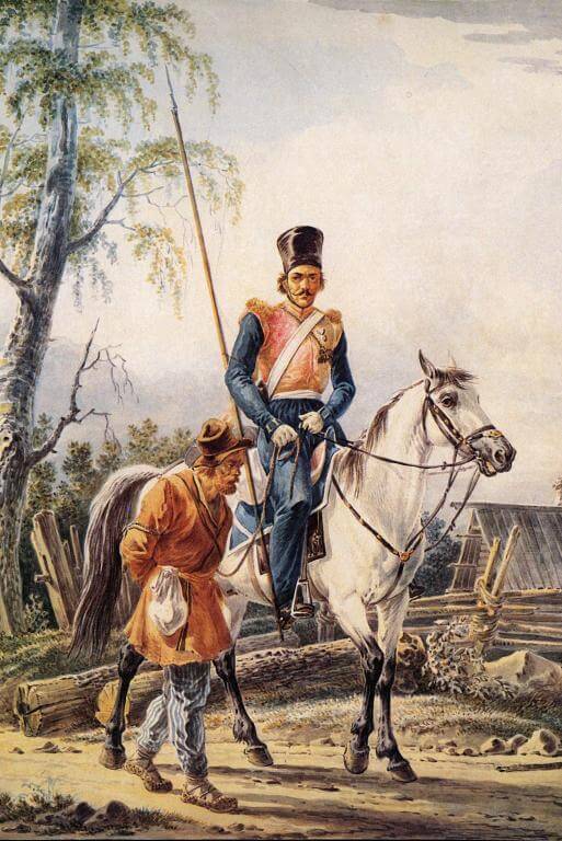 Riding Cossack escorting a peasant